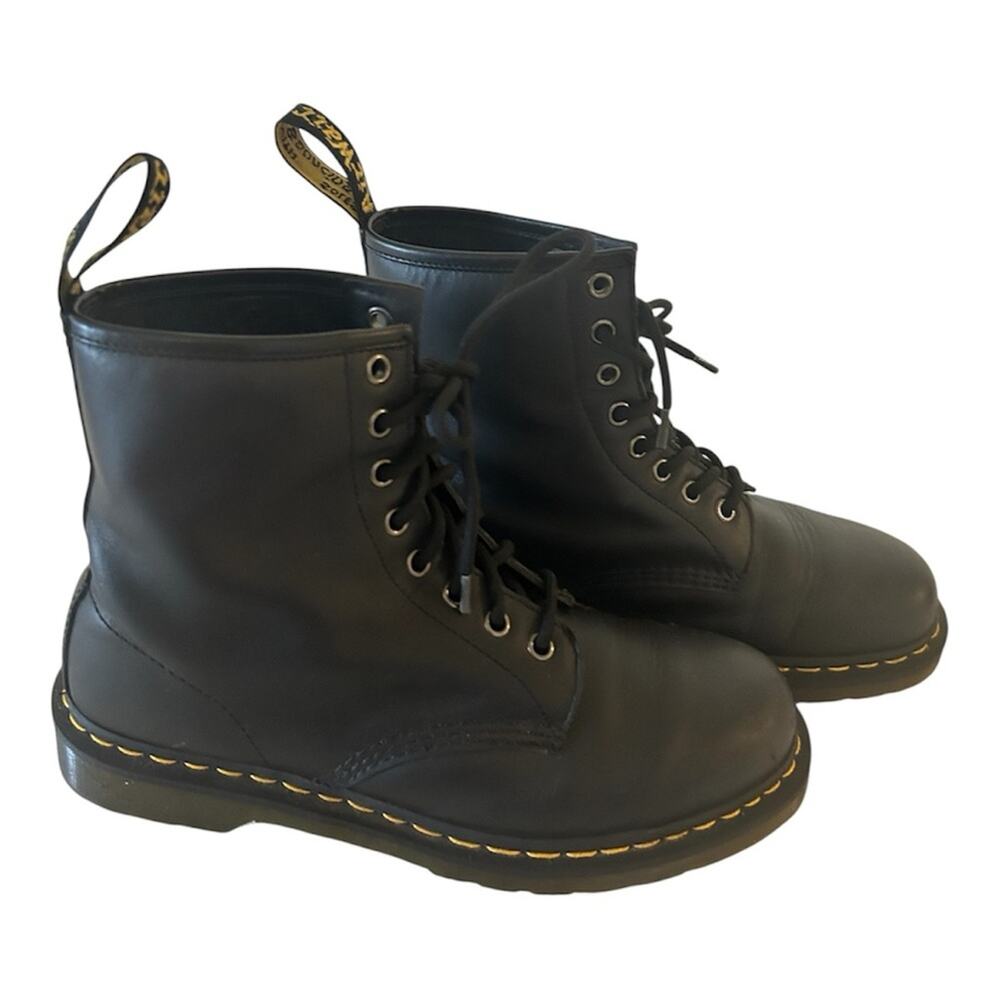 Dr. Martens Black Leather 8-Eye Lace-Up Boots with Yellow Stitching. Mens size 9